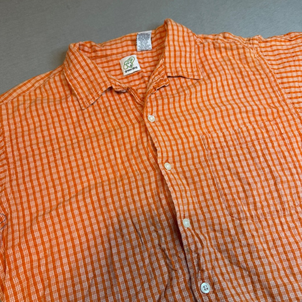 Green Dog Mens XL Orange Plaid Cotton Short Sleeve Button Down Shirt‎ Nepal Vtg